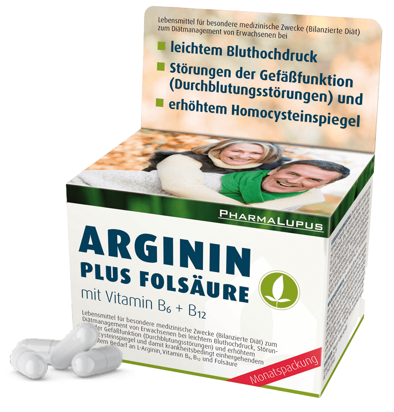 Verpackung von Arginin Plus Folsäure mit Vitamin B6 und B12 von PharmaLupus von rechts
