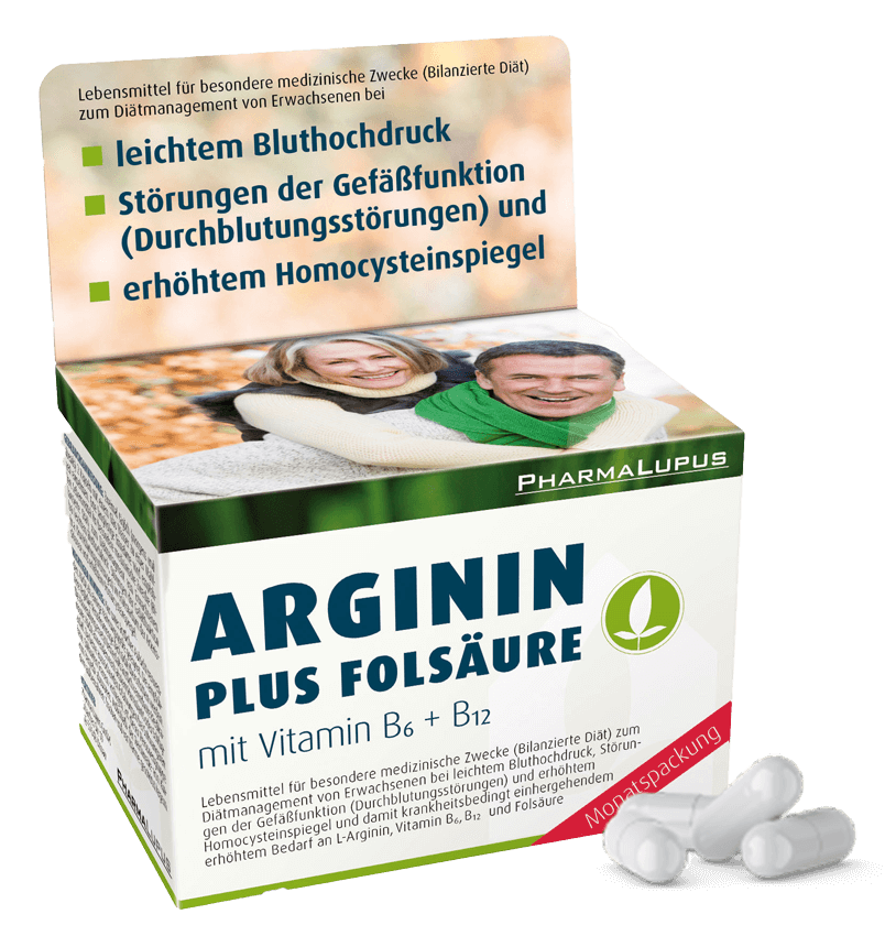 Verpackung von Arginin Plus Folsäure mit Vitamin B6 und B12 von PharmaLupus von links